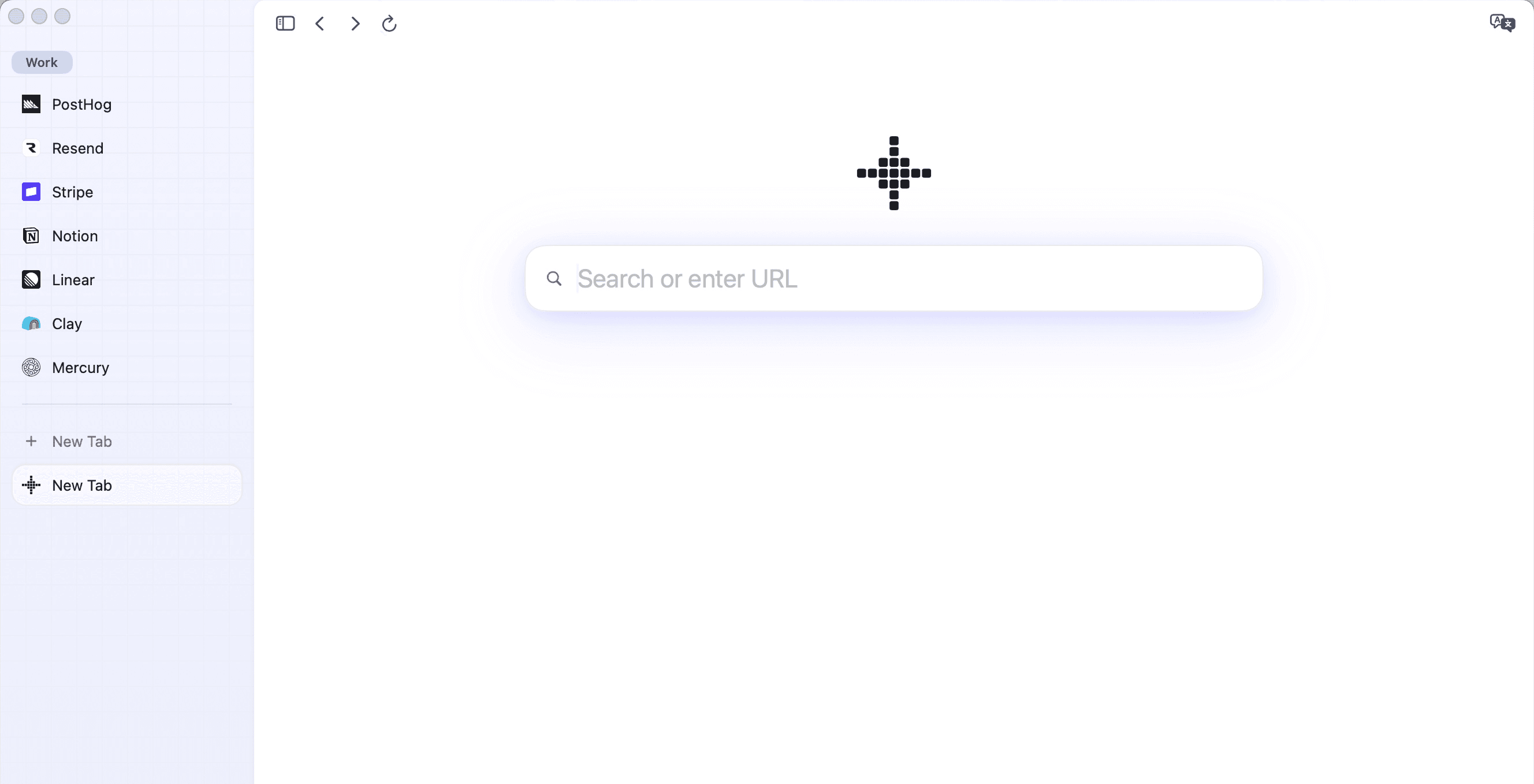 Fey with the Work space open: PostHog, Resend, Stripe, Notion, Linear, Clay and Mercury pinned in the sidebar.